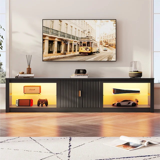 Alt view image 2 of 6 - 80 inch TV Stand for TVs up to 85", High Gloss Entertainment Center with LED Lights & Storage Cabinet, Modern Fluted TV Console