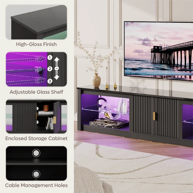 Alt view image 6 of 6 - 80 inch TV Stand for TVs up to 85", High Gloss Entertainment Center with LED Lights & Storage Cabinet, Modern Fluted TV Console