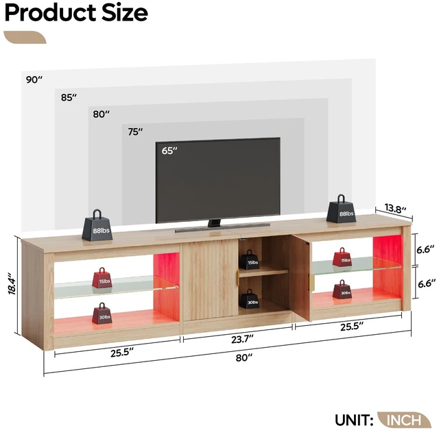 Alt view image 3 of 5 - 80 inch TV Stand for TVs up to 85", High Gloss Entertainment Center with LED Lights & Storage Cabinet, Modern Fluted TV Console Natual Oak