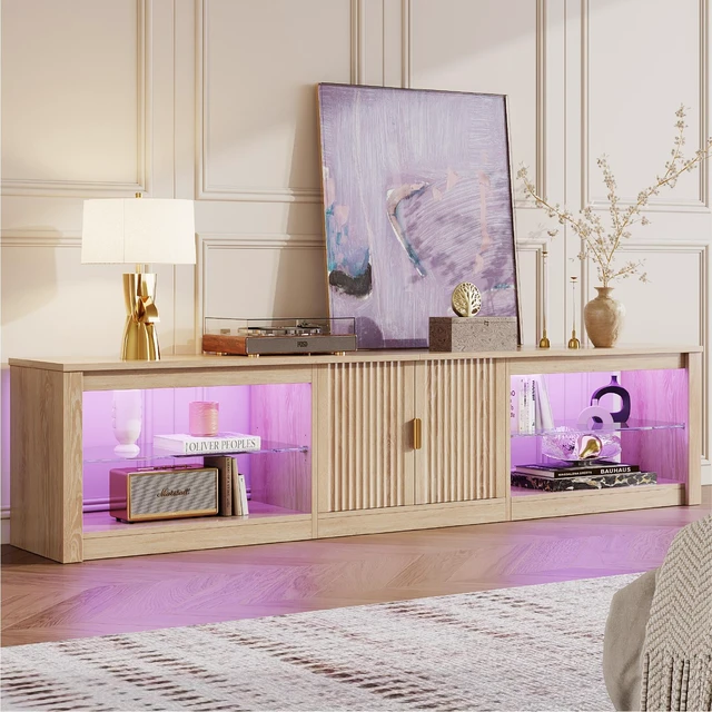 Main image of 80 inch TV Stand for TVs up to 85", High Gloss Entertainment Center with LED Lights & Storage Cabinet, Modern Fluted TV Console Natual Oak