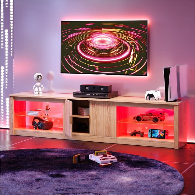 Alt view image 2 of 5 - 80 inch TV Stand for TVs up to 85", High Gloss Entertainment Center with LED Lights & Storage Cabinet, Modern Fluted TV Console Natual Oak