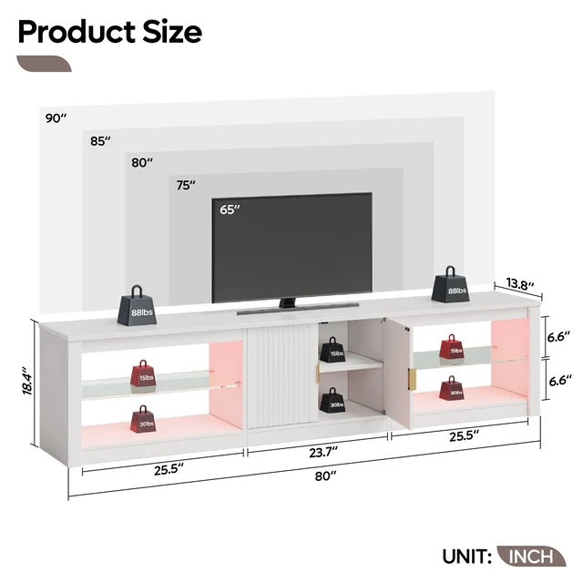Alt view image 3 of 6 - 80 inch TV Stand for TVs up to 85", High Gloss Entertainment Center with LED Lights & Storage Cabinet, Modern Fluted TV Console Bright White