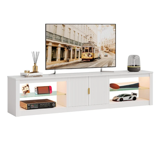Alt view image 4 of 6 - 80 inch TV Stand for TVs up to 85", High Gloss Entertainment Center with LED Lights & Storage Cabinet, Modern Fluted TV Console Bright White