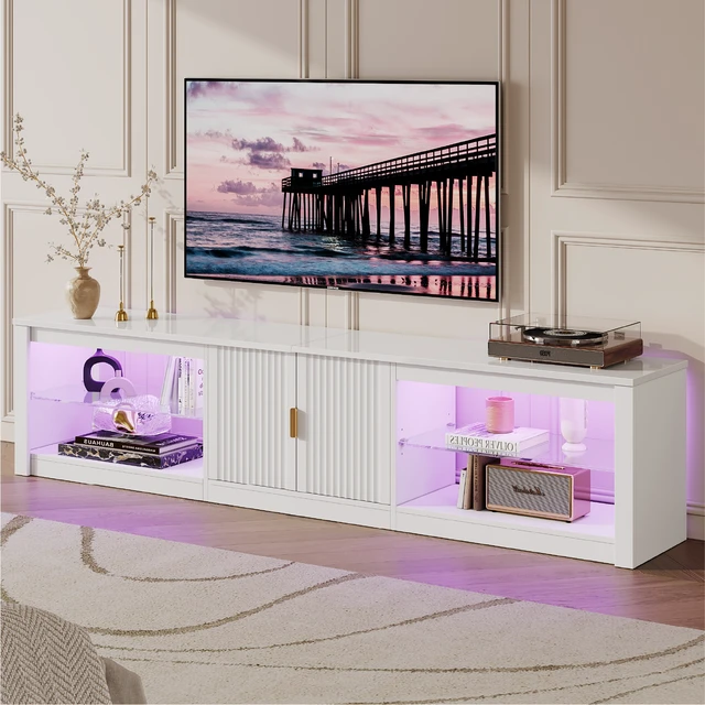 Alt view image 2 of 6 - 80 inch TV Stand for TVs up to 85", High Gloss Entertainment Center with LED Lights & Storage Cabinet, Modern Fluted TV Console Bright White