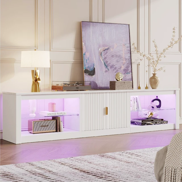 Main image of 80 inch TV Stand for TVs up to 85", High Gloss Entertainment Center with LED Lights & Storage Cabinet, Modern Fluted TV Console Bright White