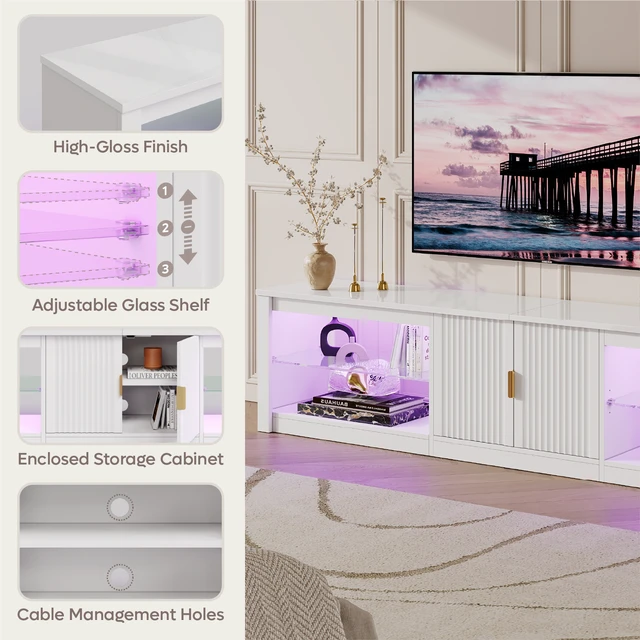 Alt view image 5 of 6 - 80 inch TV Stand for TVs up to 85", High Gloss Entertainment Center with LED Lights & Storage Cabinet, Modern Fluted TV Console Bright White