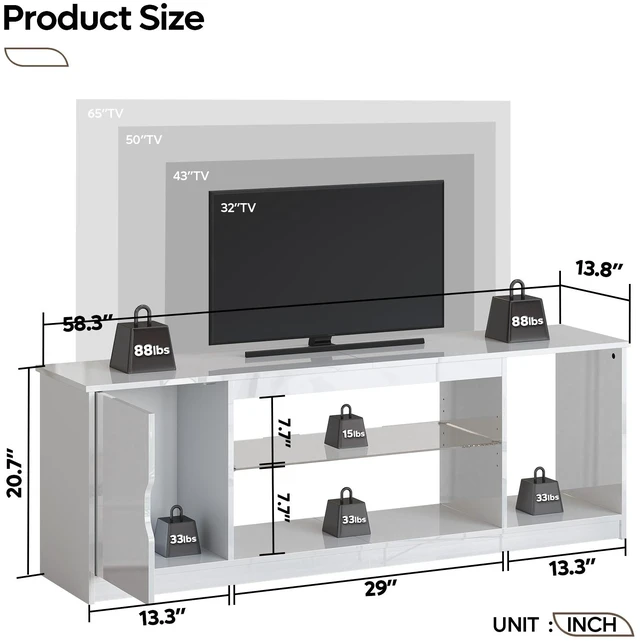 Alt view image 3 of 6 - Bestier 58" LED TV Stand with Glass Shelf & Storage Cabinet, Gaming Entertainment Center for PS5, Fits up to 65 Inch TV, Black Carbon Fiber Glossy Black