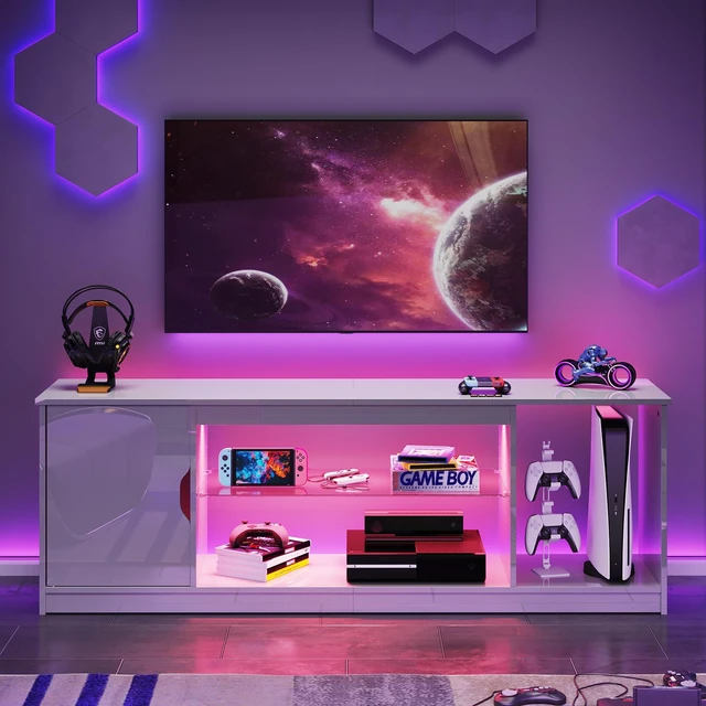 Alt view image 2 of 6 - Bestier 58" LED TV Stand with Glass Shelf & Storage Cabinet, Gaming Entertainment Center for PS5, Fits up to 65 Inch TV, Black Carbon Fiber Glossy Black