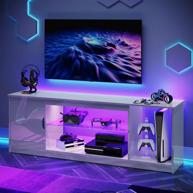 Main image of Bestier 58" LED TV Stand with Glass Shelf & Storage Cabinet, Gaming Entertainment Center for PS5, Fits up to 65 Inch TV, Black Carbon Fiber Glossy Black