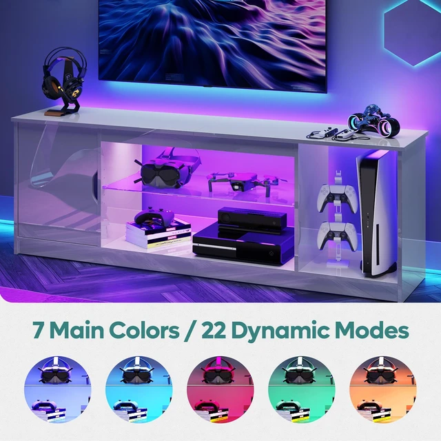 Alt view image 4 of 6 - Bestier 58" LED TV Stand with Glass Shelf & Storage Cabinet, Gaming Entertainment Center for PS5, Fits up to 65 Inch TV, Black Carbon Fiber Glossy Black