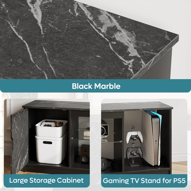 Alt view image 5 of 6 - Bestier 58" LED TV Stand with Glass Shelf & Storage Cabinet, Gaming Entertainment Center for PS5, Fits up to 65 Inch TV, Black Carbon Fiber Black Marble