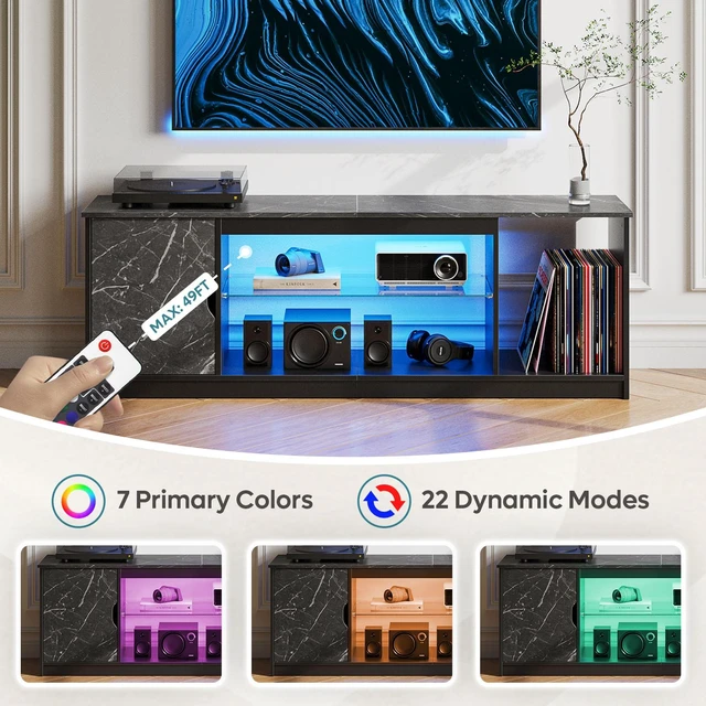 Alt view image 3 of 6 - Bestier 58" LED TV Stand with Glass Shelf & Storage Cabinet, Gaming Entertainment Center for PS5, Fits up to 65 Inch TV, Black Carbon Fiber Black Marble