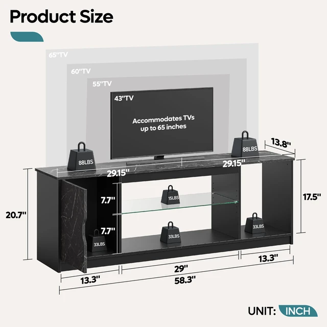 Alt view image 6 of 6 - Bestier 58" LED TV Stand with Glass Shelf & Storage Cabinet, Gaming Entertainment Center for PS5, Fits up to 65 Inch TV, Black Carbon Fiber Black Marble