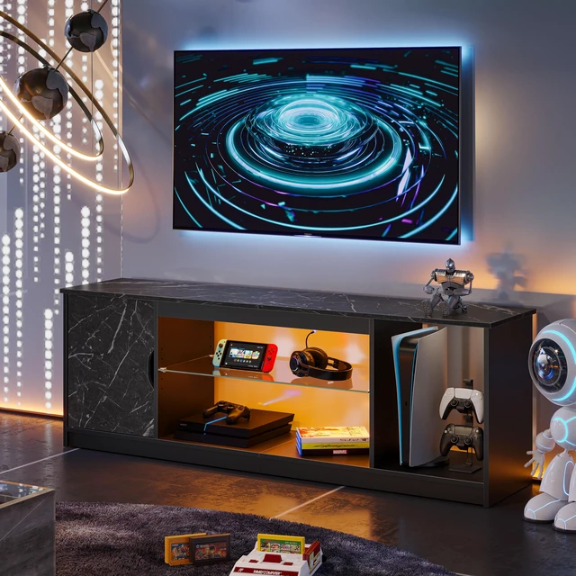 Alt view image 2 of 6 - Bestier 58" LED TV Stand with Glass Shelf & Storage Cabinet, Gaming Entertainment Center for PS5, Fits up to 65 Inch TV, Black Carbon Fiber Black Marble