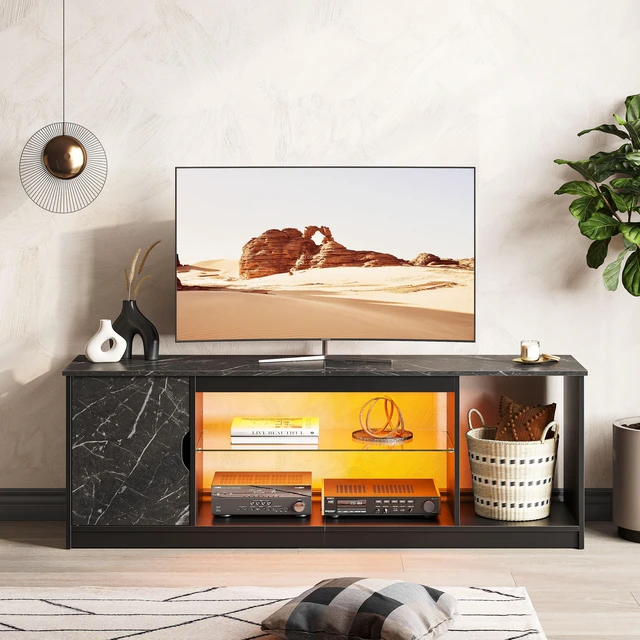 Main image of Bestier 58" LED TV Stand with Glass Shelf & Storage Cabinet, Gaming Entertainment Center for PS5, Fits up to 65 Inch TV, Black Carbon Fiber Black Marble