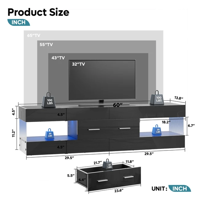 Alt view image 4 of 7 - 60 inch W TV Stand for TVs up to 65", Modern Entertainment Center for TVs with LED Light and Storage Drawers Glossy Black