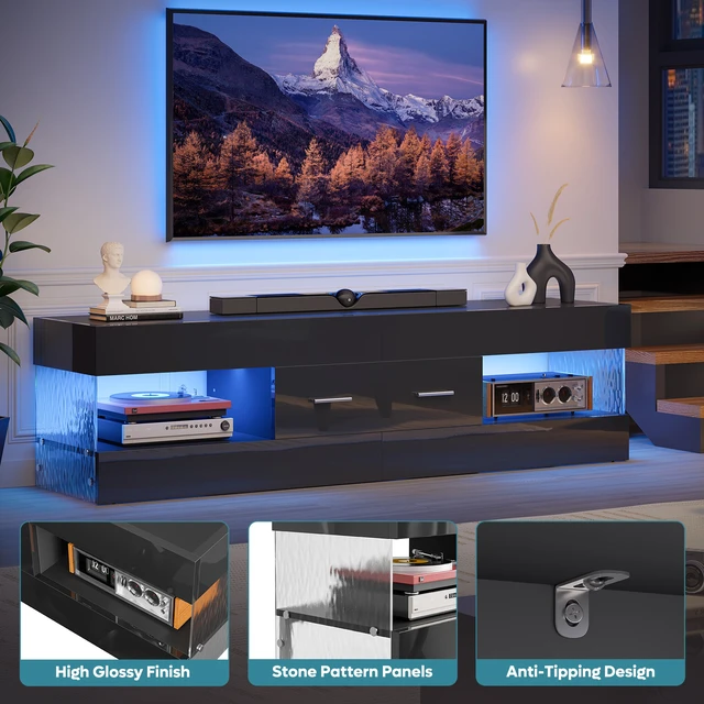 Alt view image 6 of 7 - 60 inch W TV Stand for TVs up to 65", Modern Entertainment Center for TVs with LED Light and Storage Drawers Glossy Black