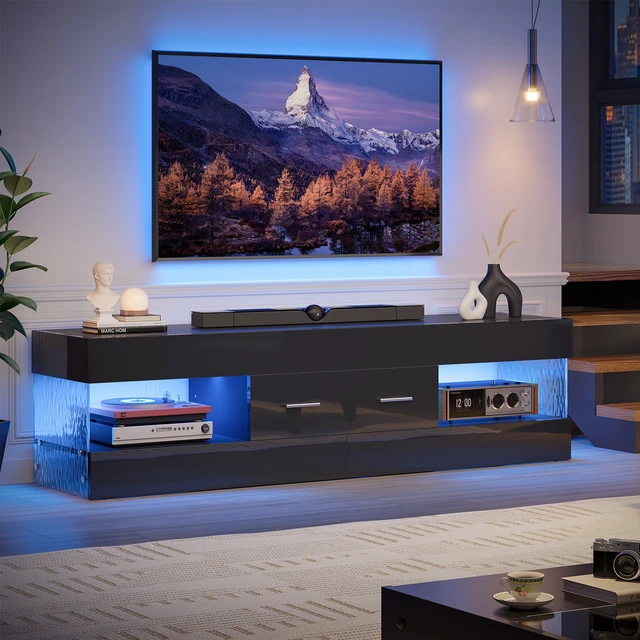 Alt view image 3 of 7 - 60 inch W TV Stand for TVs up to 65", Modern Entertainment Center for TVs with LED Light and Storage Drawers Glossy Black