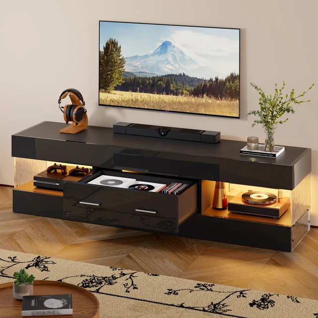 Alt view image 2 of 7 - 60 inch W TV Stand for TVs up to 65", Modern Entertainment Center for TVs with LED Light and Storage Drawers Glossy Black