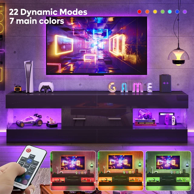 Alt view image 5 of 7 - 60 inch W TV Stand for TVs up to 65", Modern Entertainment Center for TVs with LED Light and Storage Drawers Glossy Black