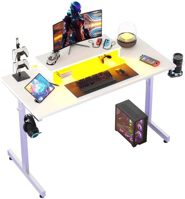 Main image of Bestier Small Gaming Desk with Monitor Stand, 42 inch LED Computer Desk, Gamer Workstation with Cup Holder & Headset Hooks for Home Office, Black Marble White 3D Carbon Fiber