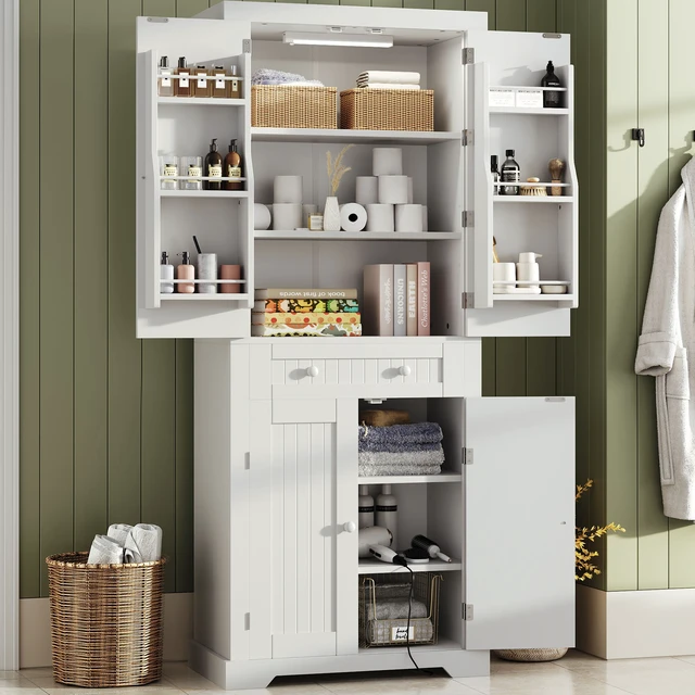 Alt view image 3 of 6 - Bestier Pantry Cabinet, 72" Tall Kitchen Cabinet with Doors, 2 Adjustable Shelves & 1 Drawer, Kitchen Storage Cabinets with Sensor Light, Freestanding Cupboards for Dining Room, Bathroom, Natual Oak