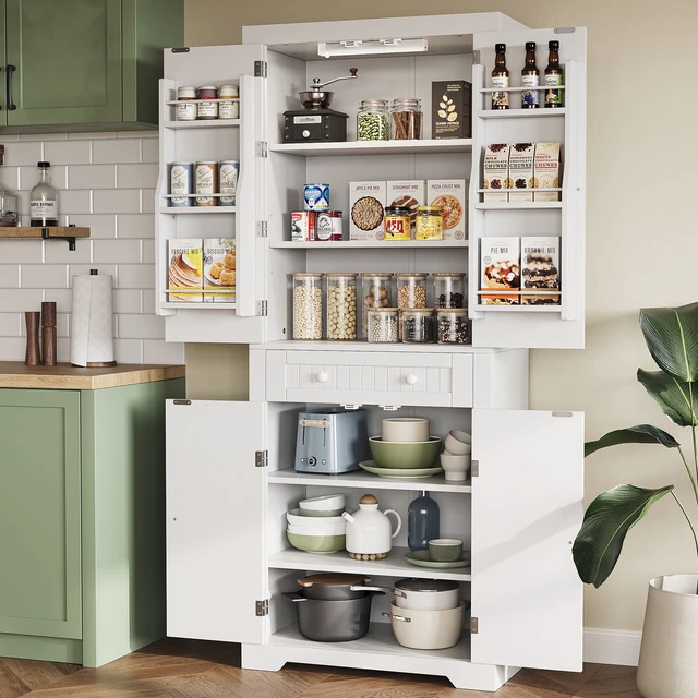 Alt view image 2 of 6 - Bestier Pantry Cabinet, 72" Tall Kitchen Cabinet with Doors, 2 Adjustable Shelves & 1 Drawer, Kitchen Storage Cabinets with Sensor Light, Freestanding Cupboards for Dining Room, Bathroom, Natual Oak