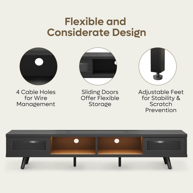 Alt view image 4 of 7 - 70-inch LED Modern Low Profile TV Consoles with Storage for Living Room Black Grained