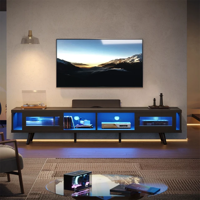Alt view image 3 of 7 - 70-inch LED Modern Low Profile TV Consoles with Storage for Living Room Black Grained