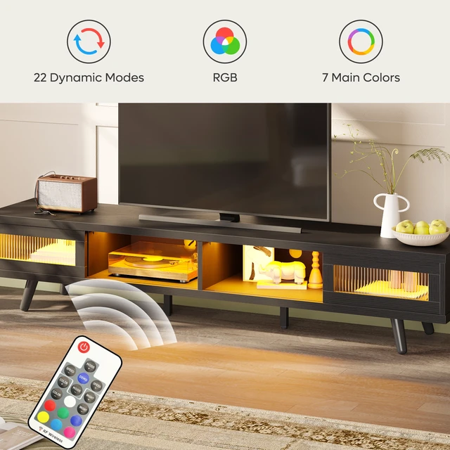 Alt view image 6 of 7 - 70-inch LED Modern Low Profile TV Consoles with Storage for Living Room Black Grained