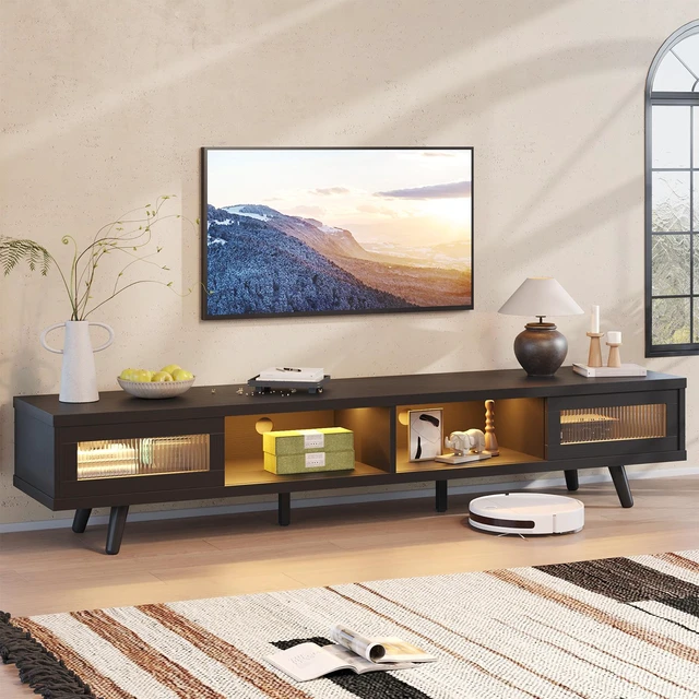 Main image of 70-inch LED Modern Low Profile TV Consoles with Storage for Living Room Black Grained