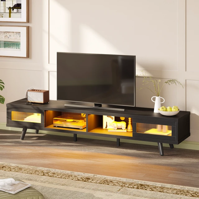 Alt view image 2 of 7 - 70-inch LED Modern Low Profile TV Consoles with Storage for Living Room Black Grained