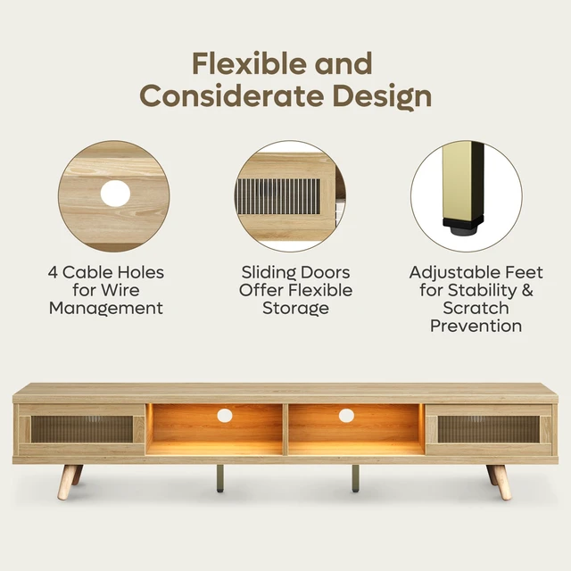 Alt view image 5 of 7 - 70-inch LED Modern Low Profile TV Consoles with Storage for Living Room Natual Oak
