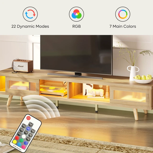 Alt view image 4 of 7 - 70-inch LED Modern Low Profile TV Consoles with Storage for Living Room Natual Oak