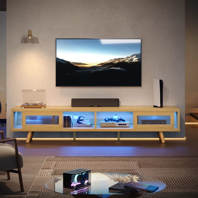 Alt view image 3 of 7 - 70-inch LED Modern Low Profile TV Consoles with Storage for Living Room Natual Oak