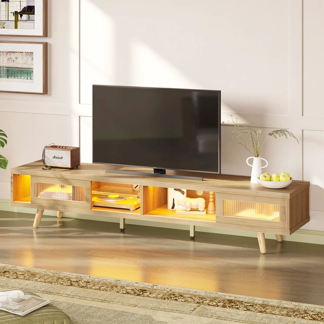 Alt view image 2 of 7 - 70-inch LED Modern Low Profile TV Consoles with Storage for Living Room Natual Oak
