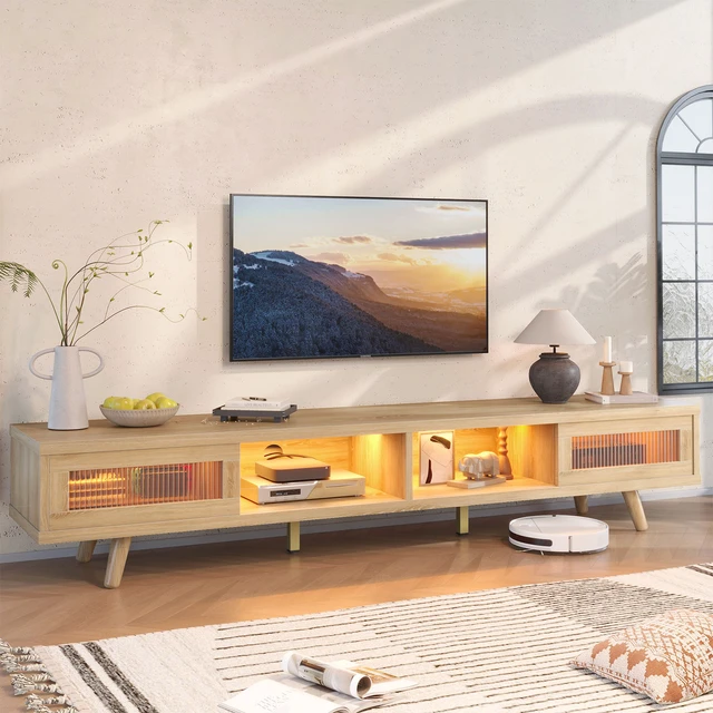 Main image of 70-inch LED Modern Low Profile TV Consoles with Storage for Living Room Natual Oak