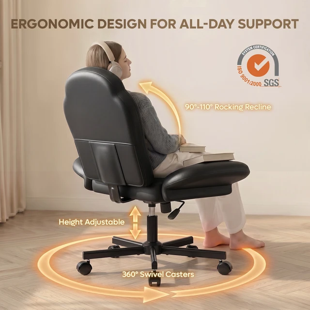 Alt view image 5 of 7 - Criss Cross Chair Vanity Desk Chair with Foldable Armrests, Reclining Office Chair for Home Office, Makeup & Reading,Pet-Friendly