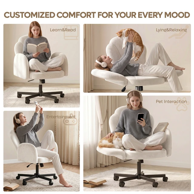 Alt view image 4 of 7 - Criss Cross Chair Vanity Desk Chair with Foldable Armrests, Reclining Office Chair for Home Office, Makeup & Reading,Pet-Friendly Off white Dutch velvet