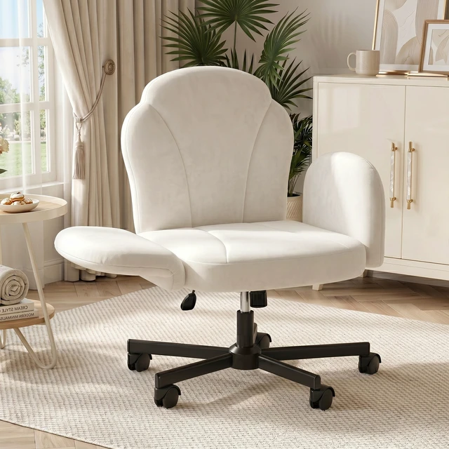 Alt view image 3 of 7 - Criss Cross Chair Vanity Desk Chair with Foldable Armrests, Reclining Office Chair for Home Office, Makeup & Reading,Pet-Friendly Off white Dutch velvet