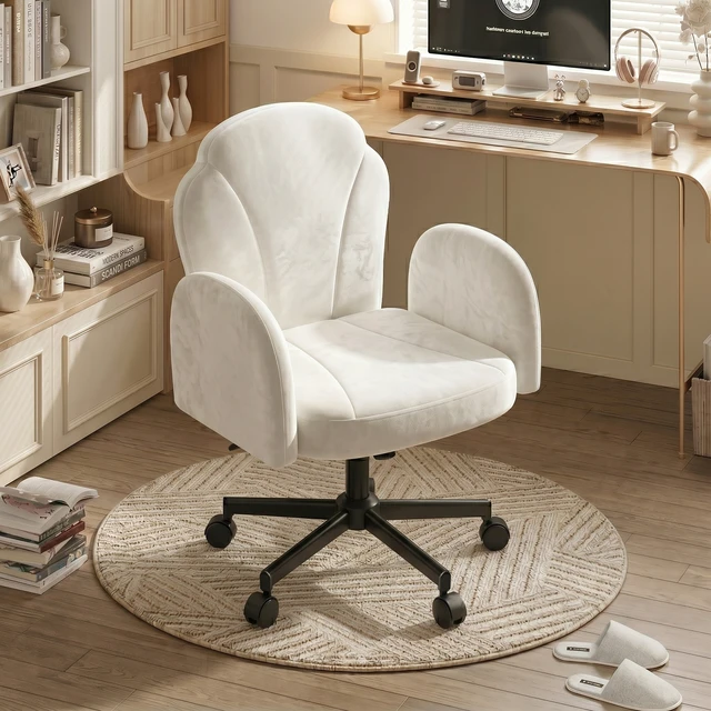 Alt view image 2 of 7 - Criss Cross Chair Vanity Desk Chair with Foldable Armrests, Reclining Office Chair for Home Office, Makeup & Reading,Pet-Friendly Off white Dutch velvet