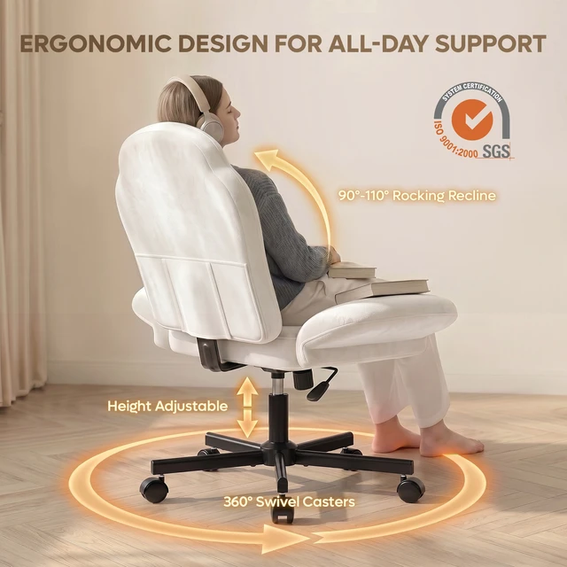 Alt view image 6 of 7 - Criss Cross Chair Vanity Desk Chair with Foldable Armrests, Reclining Office Chair for Home Office, Makeup & Reading,Pet-Friendly Off white Dutch velvet