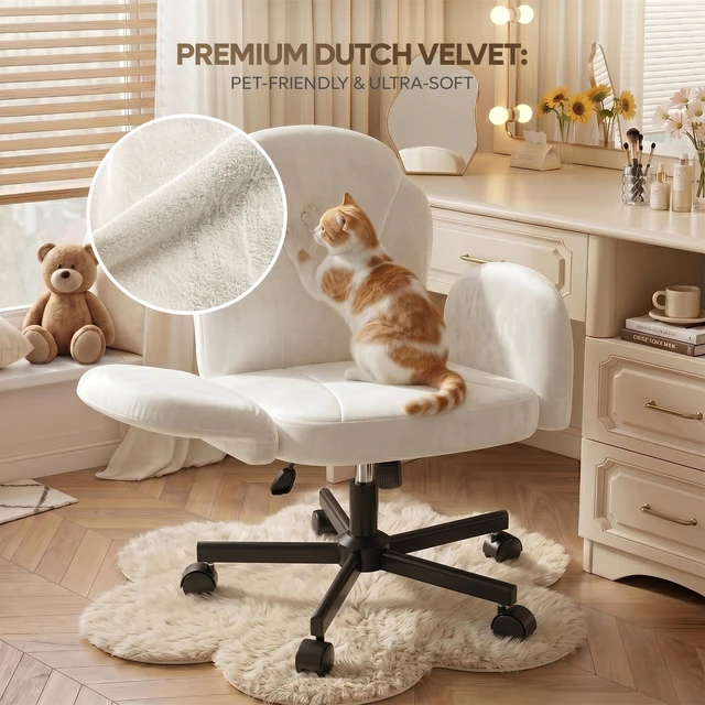 Alt view image 7 of 7 - Criss Cross Chair Vanity Desk Chair with Foldable Armrests, Reclining Office Chair for Home Office, Makeup & Reading,Pet-Friendly Off white Dutch velvet