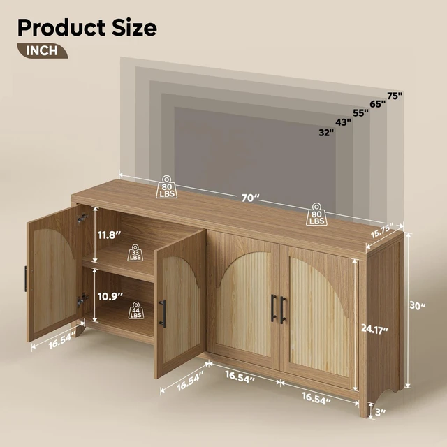 Main image of 70" Fluted TV Stand for TVs up to 75", Mid-Century Media Center TV Console with Storage for Living Room & Bedroom brown oak