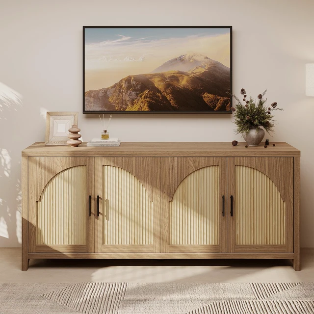 Alt view image 2 of 7 - 70" Fluted TV Stand for TVs up to 75", Mid-Century Media Center TV Console with Storage for Living Room & Bedroom brown oak