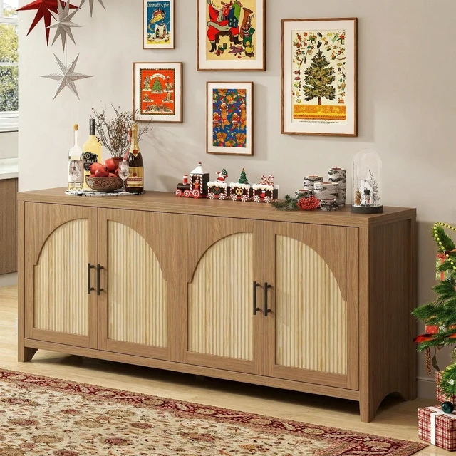 Alt view image 3 of 7 - 70" Fluted TV Stand for TVs up to 75", Mid-Century Media Center TV Console with Storage for Living Room & Bedroom brown oak