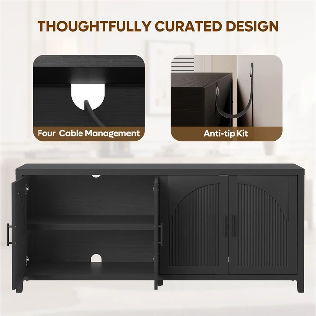 Alt view image 7 of 7 - 70" Fluted TV Stand for TVs up to 75", Mid-Century Media Center TV Console with Storage for Living Room & Bedroom Black Grained