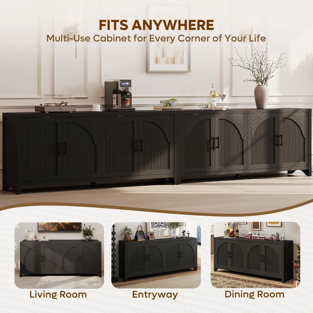 Alt view image 5 of 7 - 70" Fluted TV Stand for TVs up to 75", Mid-Century Media Center TV Console with Storage for Living Room & Bedroom Black Grained