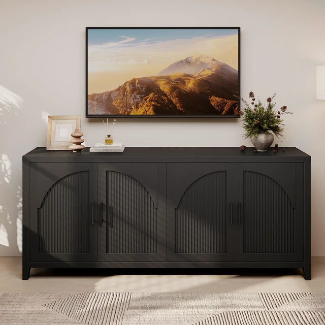 Alt view image 2 of 7 - 70" Fluted TV Stand for TVs up to 75", Mid-Century Media Center TV Console with Storage for Living Room & Bedroom Black Grained