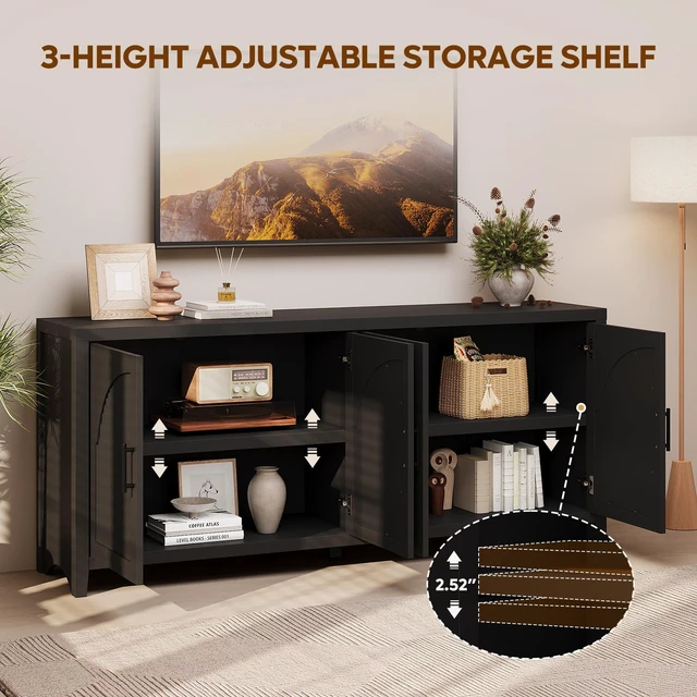 Alt view image 4 of 7 - 70" Fluted TV Stand for TVs up to 75", Mid-Century Media Center TV Console with Storage for Living Room & Bedroom Black Grained